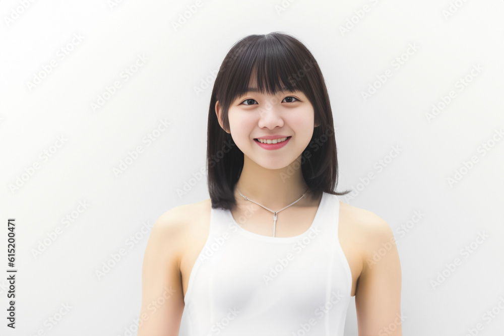 In a striking white one-piece swimsuit, a beaming Asian woman takes center stage, her captivating smile capturing the lens on a plain white background. generative AI. In a striking white one-piece swimsuit, a beaming Asian woman takes center stage, her captivating smile capturing the lens on a plain white background. generative AI.