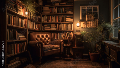 Antique book collection illuminates modern living room decor with comfort generated by AI