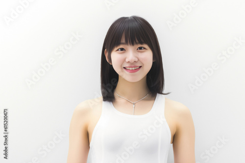 In a striking white one-piece swimsuit, a beaming Asian woman takes center stage, her captivating smile capturing the lens on a plain white background. generative AI. © Surachetsh