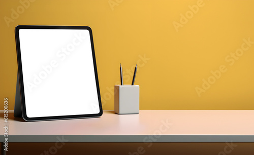 Digital Tablet computer with transparent screen cutout on bright background table desk, PNG file. Mockup template for artwork design. 3D rendering
