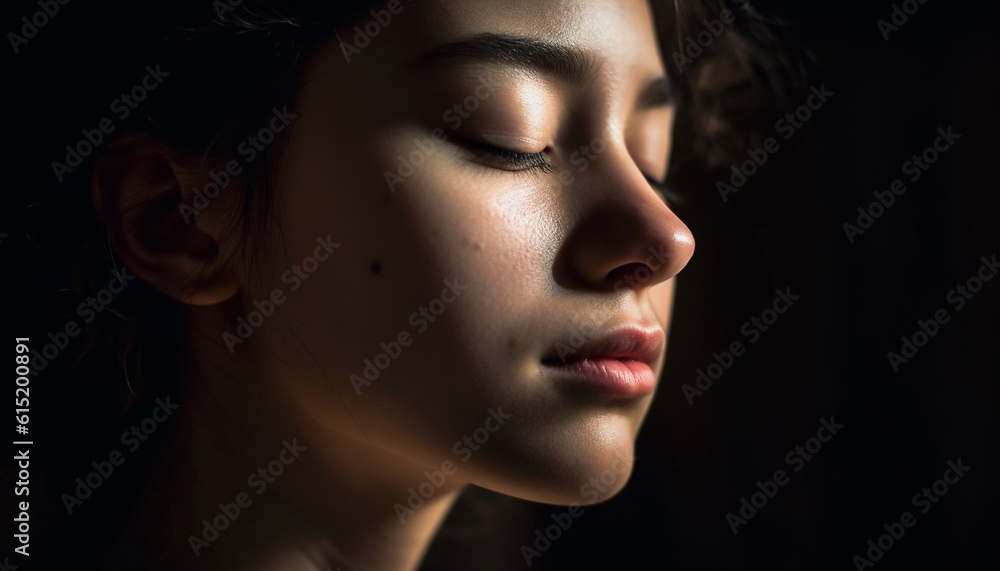 Beautiful young woman with brown hair looks sad in darkness generated by AI Beautiful young woman with brown hair looks sad in darkness generated by AI