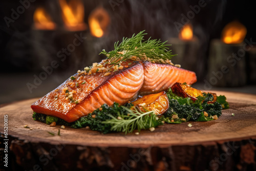 Smoky Grilled Salmon: A Delightful Harmony of Vibrant Greens and Subtle Elegance on Rustic Wood - Ai Generative Rustic Wood and Smoky Grilled Salmon: An Elegant Presentation of Vibrant Greens with Sub