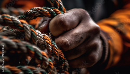 One determined man, tied up, holding rope, climbing mountain generated by AI