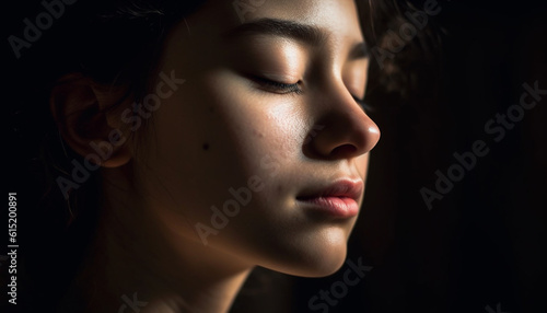 Beautiful young woman with brown hair looks sad in darkness generated by AI