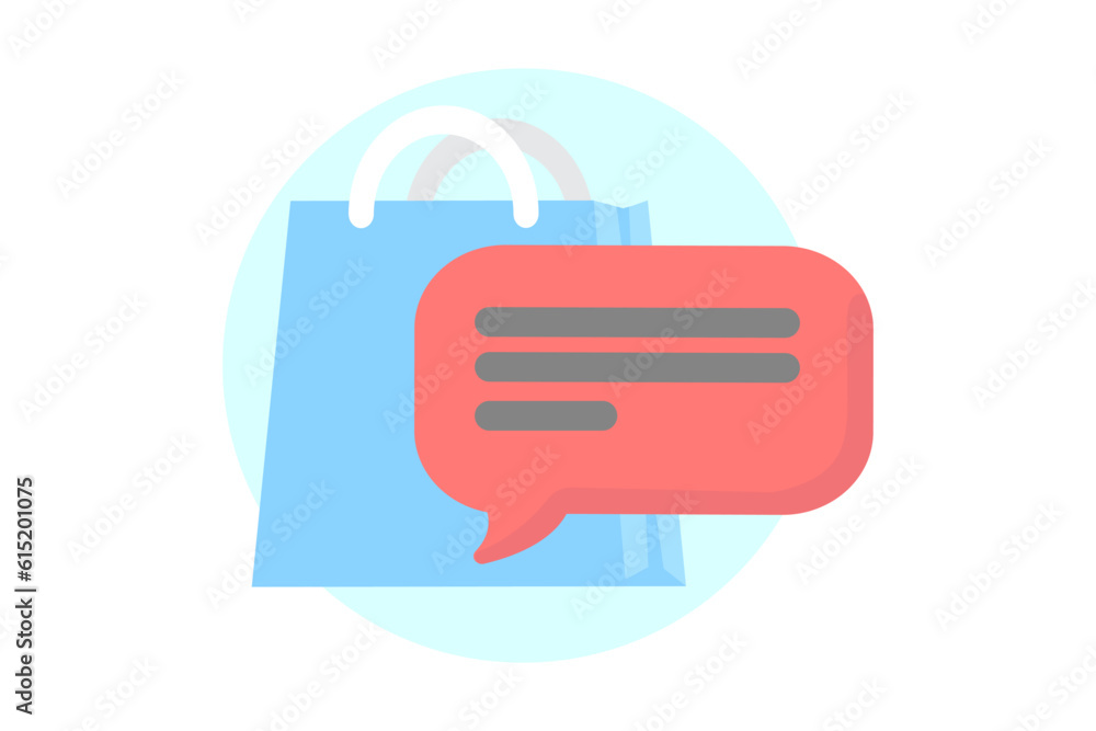 Blue shopping bag and red cloud of text or negative review. Shopping flat style icons in red and blue colors Blue shopping bag and red cloud of text or negative review. Shopping flat style icons in red and blue colors