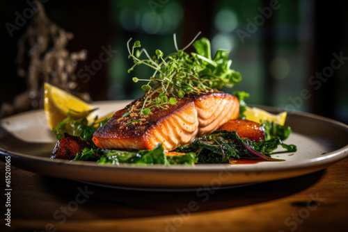 Smoky Grilled Salmon: A Delightful Harmony of Vibrant Greens and Subtle Elegance on Rustic Wood - Ai Generative Rustic Wood and Smoky Grilled Salmon: An Elegant Presentation of Vibrant Greens with Sub