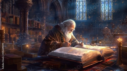 A wizard studying ancient tomes in a grand library . Fantasy concept , Illustration painting.