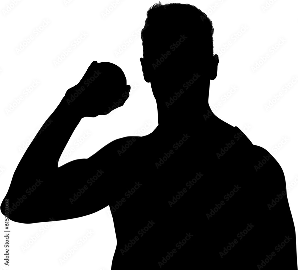 Digital png silhouette image of male athlete holding shot put on transparent background