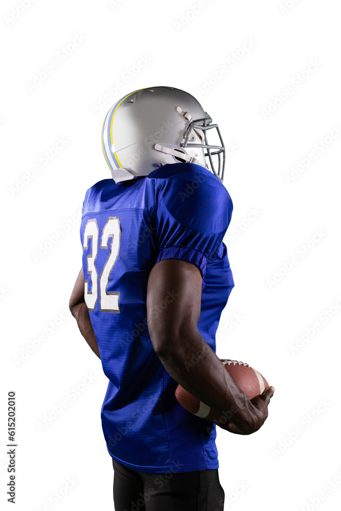 Digital png photo of african american rugby player holding ball on transparent background