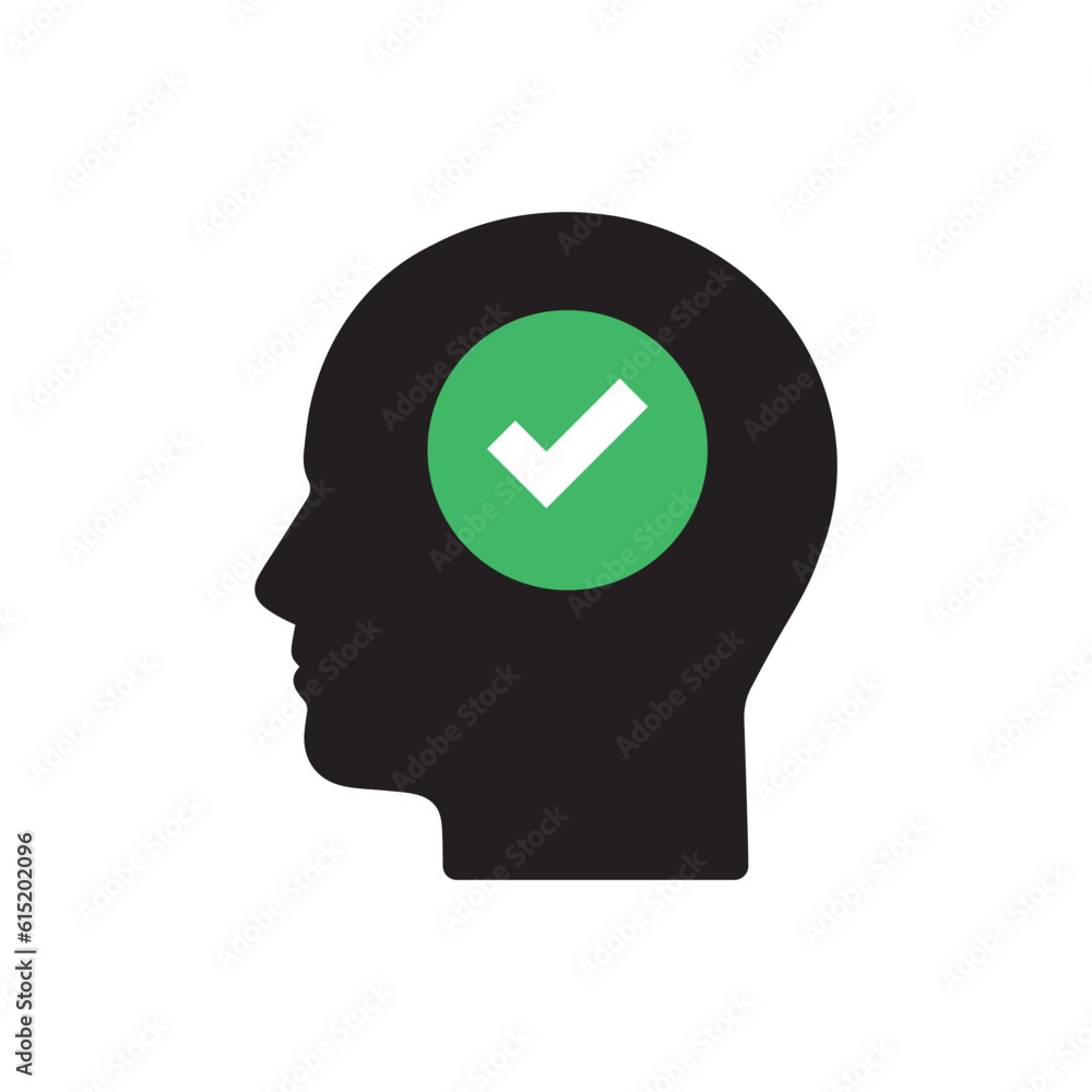 checkmark inside black head like happy man. flat cartoon style trend modern simple logotype graphic minimal art design isolated on white background. concept of rational thinking or easy mind process checkmark inside black head like happy man. flat cartoon style trend modern simple logotype graphic minimal art design isolated on white background. concept of rational thinking or easy mind process