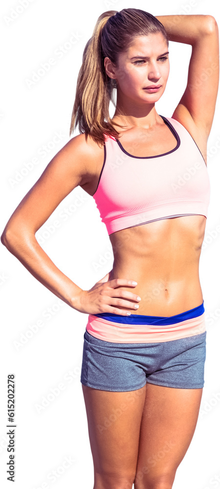 Digital png photo of caucasian woman wearing sports clothes on transparent background Digital png photo of caucasian woman wearing sports clothes on transparent background