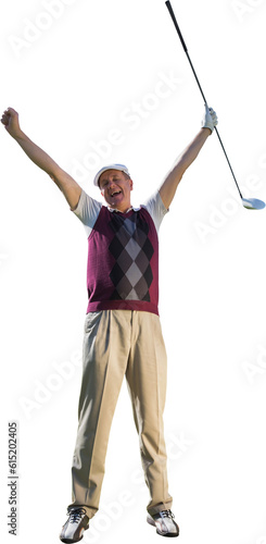 Digital png photo of low section of caucasian golfer enjoying victory on transparent background