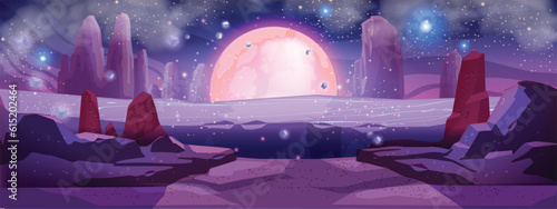 Space Mars game background, alien planet vector cartoon landscape, night sky, astronaut cosmic rocks. Fantasy galaxy desert futuristic view stone red parallax surface. Outer space game UI moon concept