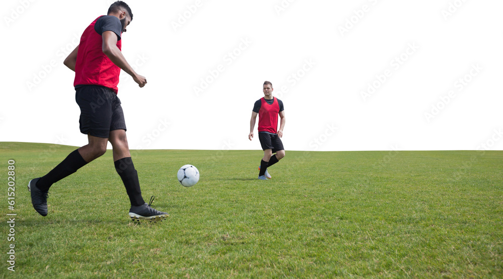 Digital png photo of two diverse footballers during game on transparent background Digital png photo of two diverse footballers during game on transparent background
