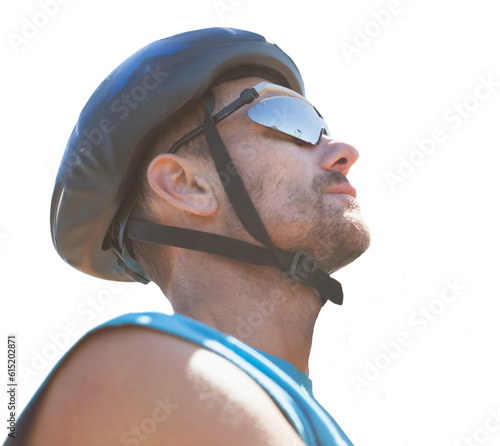Digital png photo of caucasian cyclist in helmet and sunglasses on transparent background