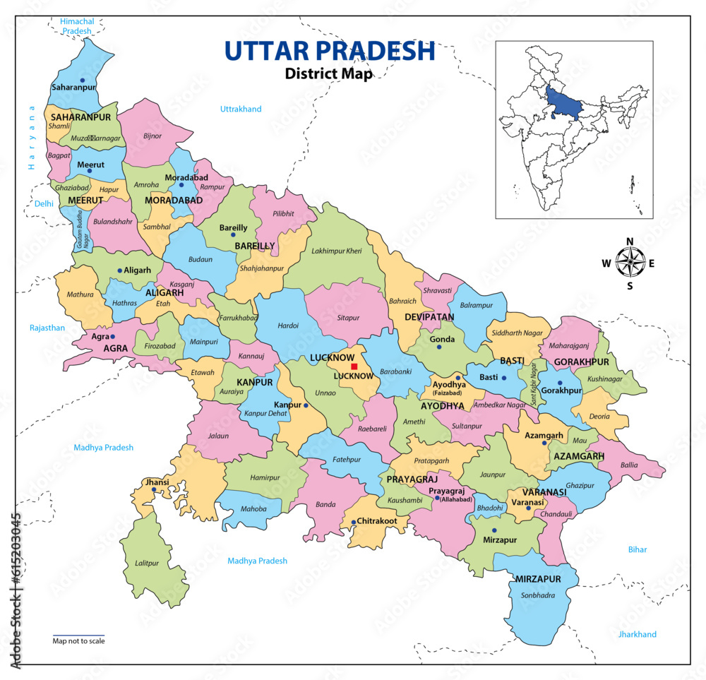 Uttar Pradesh District Map, colored