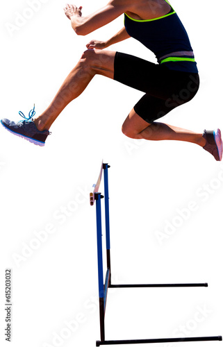 Digital png photo of hispanic hurdler female jumping on transparent background