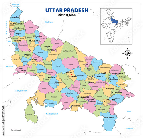 Uttar Pradesh District Map, colored