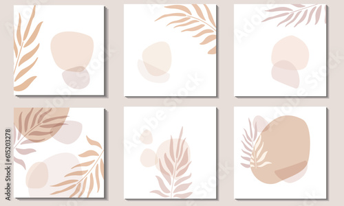 Tropical palm leaves. Random spots of delicate pastel beige and pale brown. A set square backgrounds.