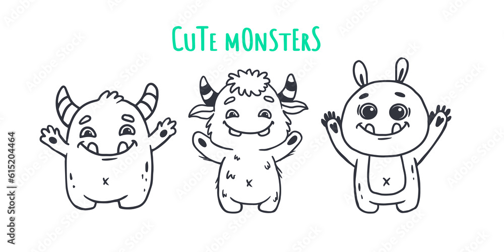 Set of cute cartoon monsters.Funny characters on white background.Icon monster.Doodle style.Alien.
