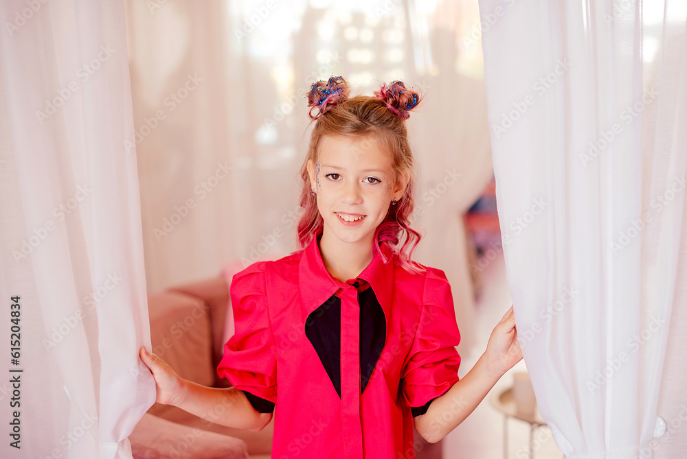 Caucasian teen girl. beauty, people, style, holidays and fashion concept - happy teen girl in pink dress Caucasian teen girl. beauty, people, style, holidays and fashion concept - happy teen girl in pink dress