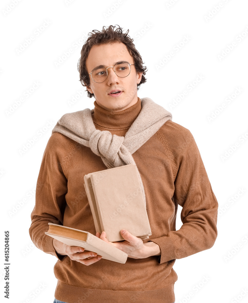Young man with books on white background Young man with books on white background