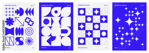 Geometric and blue poster set with basic shapes and symbols influenced by minimalism, Bauhaus, Swiss design and Neo Geo art. Trendy vector patterns for wall arts, brochures, cards, prints or banners.
