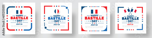 Bastille Day or france independence day social media post banner, background, poster and card design template set with standard color celebrated in july 14.