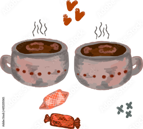 Cups with coffee. Vector texture illustration in naive style, rough surface. Set of drawings, elements for design