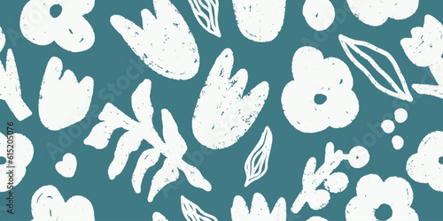 Floral seamless vector pattern, scandinavian style, shabby chalk texture, childish drawing, minimalism. For print, fabric, design, etc.