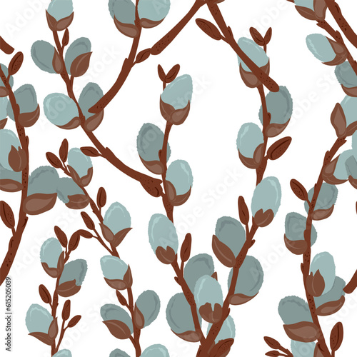 Willow branches in flat style. Vector seamless pattern. For print, fabric, design, etc.