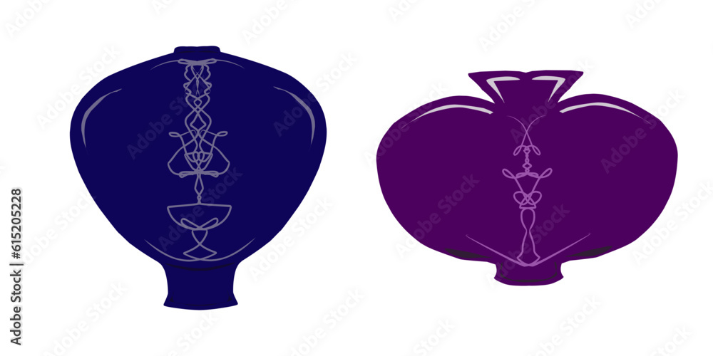Chinese vases in flat style. Interior items. Vector set of elements for design.