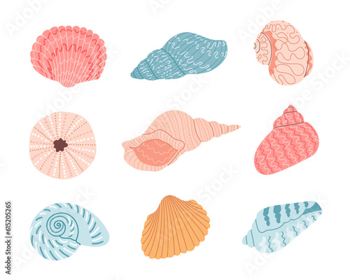 Set of seashells on white background. Flat cartoon style. Summer vacation collection, tropical beach shells.