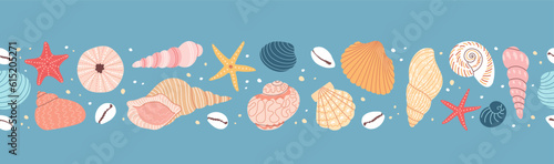Seashell and starfish seamless stripe. Vector horizontal border. Blue background. Marine pattern. Flat cartoon style. Summer tropical beach shells.