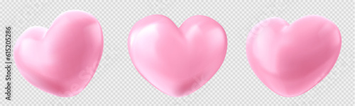 Realistic set of heart shape balloons set isolated on transparent background. Vector illustration of pink decor elements for romantic Valentine Day party. Symbol of charity, kindness