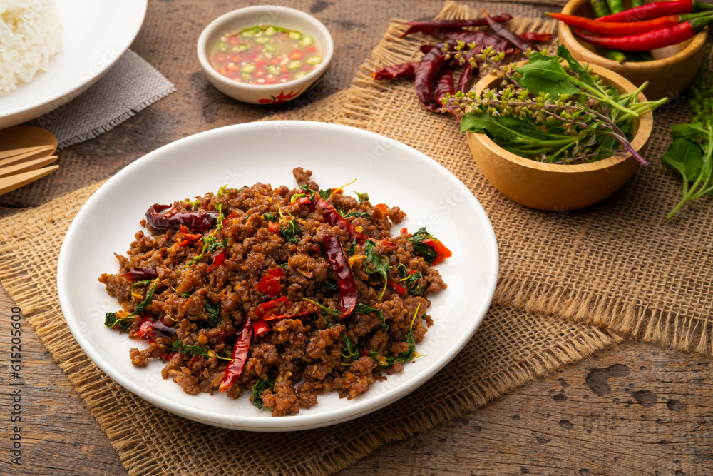 Thai Basil Minced beef,Stir fired ground beef with garlic and basil leaf in chilli sauce (Pad Kra pao) Thai Basil Minced beef,Stir fired ground beef with garlic and basil leaf in chilli sauce (Pad Kra pao)