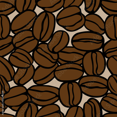 Brown hand drawn vector illustration of group of coffee beans. Seamless pattern