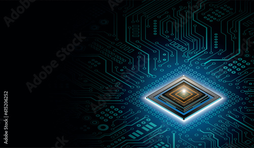 CPU Chip on Motherboard. Central Computer Processors CPU concept. Quantum computer, large data processing, database concept. Futuristic microchip processor. Digital chip.