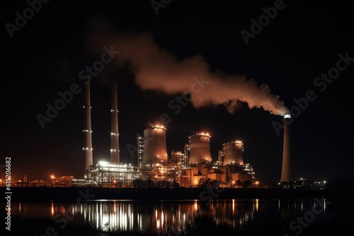 Coal-fired power plant at night. Generative AI