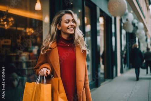 Smiling attractive young women shopping at shoes store, ai generated photo