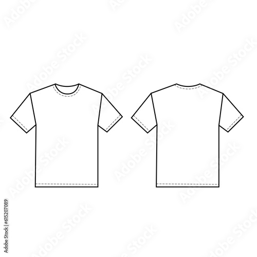 Blank white t-shirt template with dotted stitching and front and back view