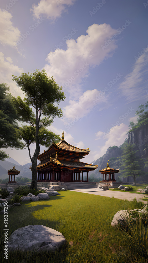 Obraz premium Panoramic temple landscape with scenic park and sky clouds