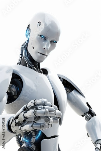 Humanoid robot stands against a stark white background Generative AI