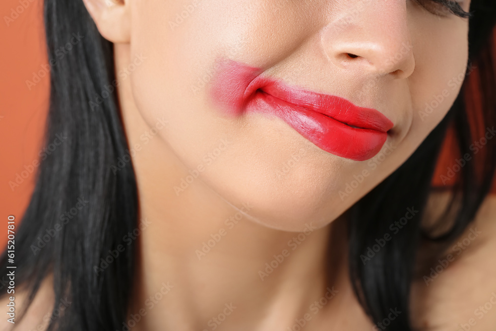 Fototapeta premium Woman with red lips on color background, closeup