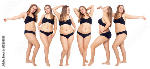 Set of confident woman with overweight natural body posing.