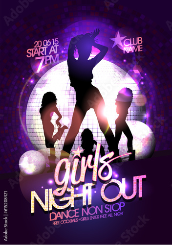 Girls night out party poster or web banner with dancing girls silhouettes