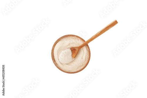 Xanthan Gum Powder in wooden bowl on white background, top view. Food additive E415. Water Soluble powder. Binding agent, Gluten free ingredient. Stabiliser, Thickener