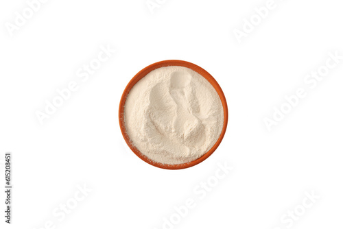 Xanthan Gum Powder in ceramic dish on white background, top view. Food additive, number E415. Thickening and Suspending agent. Often used in gluten-free food