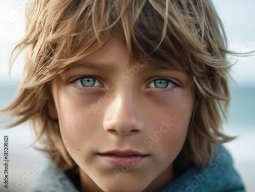 A close up of a child with blue eyes and tanned skin Generative Ai