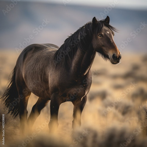 A brown wild horse standing in a dry grass field Generative Ai